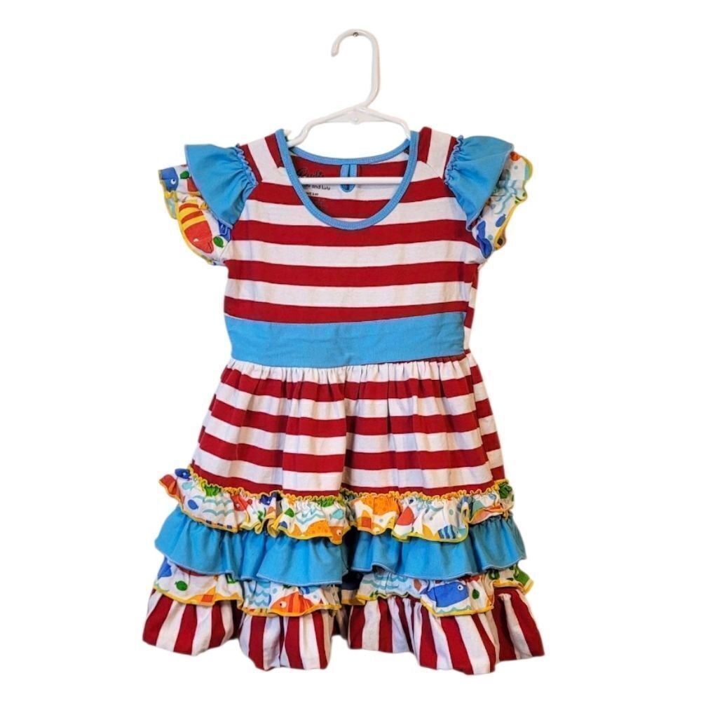 Ruffles By Tutu And Lulu Girl's Red & White Striped Fish Ruffle Dress Size 5/6Y